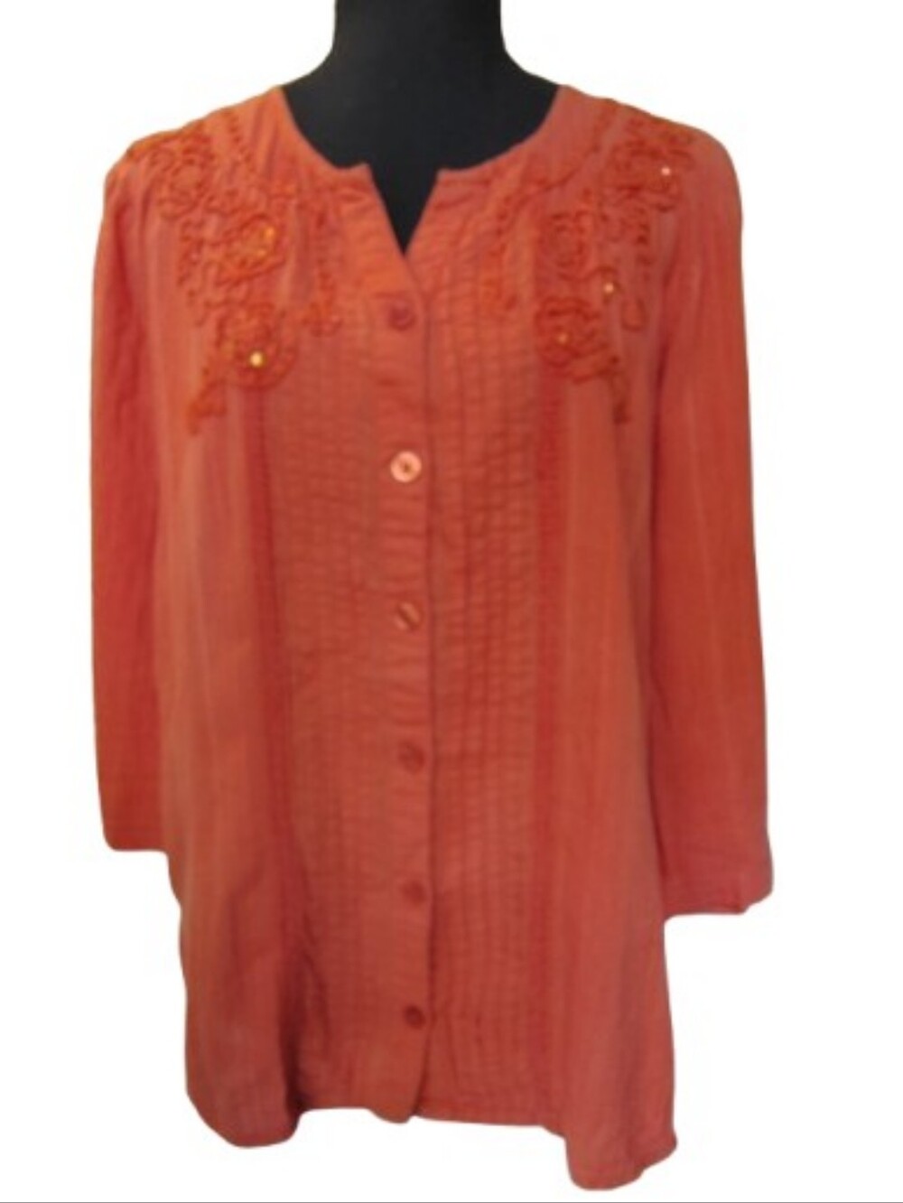 Laura Scott Women's Orange Embroidered Button Down Tunics Top Size M 100% Cotton